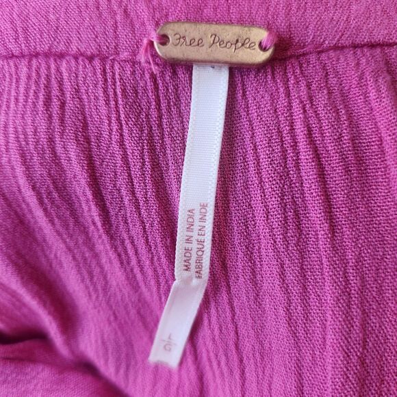 Free People Boho Maxi Dress-Contrast Embroidery-Crinkle-Fuchsia-Puffy Sleeves-L - Picture 11 of 15